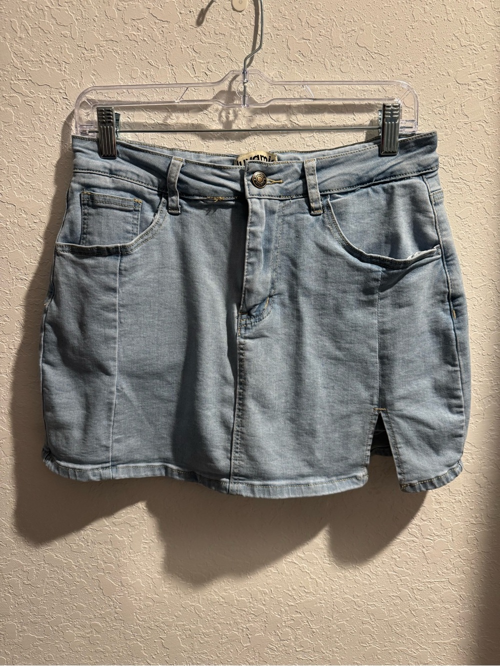 Light Wash Denim Mini Skirt with Front Slit
